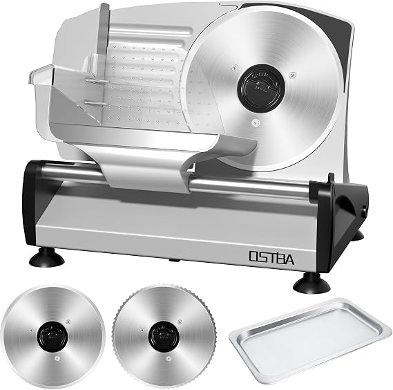 OSTBA Meat Slicer, Two 7.5 Stainless Steel Blades, 200W DC Motor | Electric Deli Slicer with 0-15mm Adjustable Thickness, Easy to Clean, Ideal for Meat, Cheese, Bread, and Vegetables