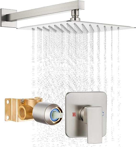 Brushed Nickel Shower Faucet Set, 10 Inch Rain Shower System with Valve | Complete Rain Shower Set with Valve, Single Handle Wall Mount Design