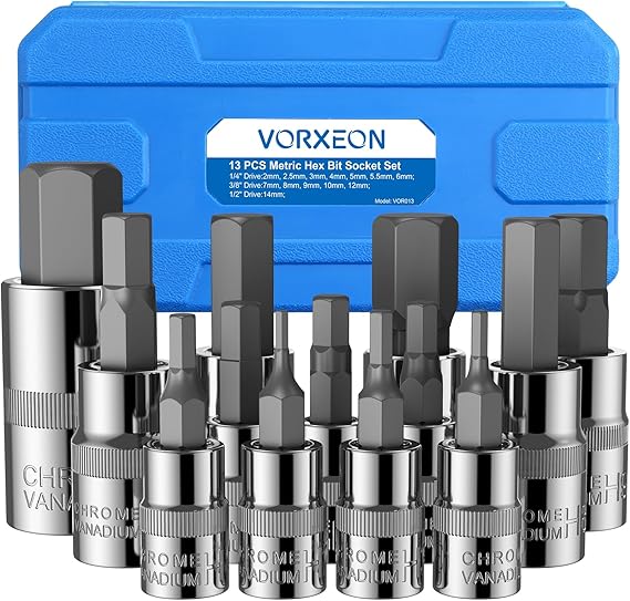Socket Spanner Set 13-Piece Hexagonal Bit Socket Set S2 2-14 mm 13 Piece Socket Set with S2 Bits and 50BV30 Sockets Sizes 2-14 mm for Car Motorcycle and Workshop