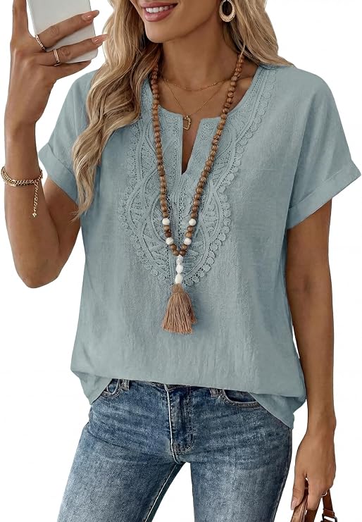 EVALESS Womens Tops Summer Spring 2026 Trendy Going Out Crochet Boho Tops | Dressy V Neck Short Sleeve Basic T Shirts,Fashion Work Business Casual,Cute Lace Loose Blouses,Beach Vacation Outfits Clothes