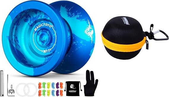 MAGICYOYO N11 Pro Metal Unresponsive Yoyo - Dual Purpose Trick Yo-Yo for Adults & Pros, Advanced Yoyo Ball with String Kit (Blue Splash) + Round Yo Yo Storage Bag