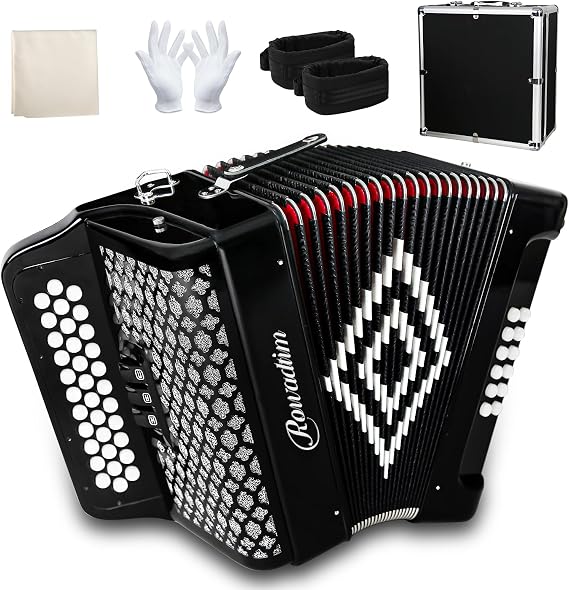 Accordion - 34 Key Diatonic, 12 Base Buttons, F/B/E Tuning, Push-Pull Heterophonic Design, Premium Quality for Beginners & Professionals Black | クリアトーン;マルチジャンル;旅行耐久性;人間工学的構造