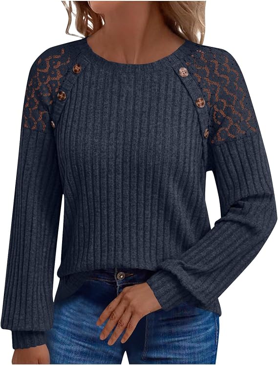 Womens Fall Long Sleeve Dressy Tunic Tops Casual Crew Neck Knit Shirt Lace Patchwork Blouses Pullover Sweaters