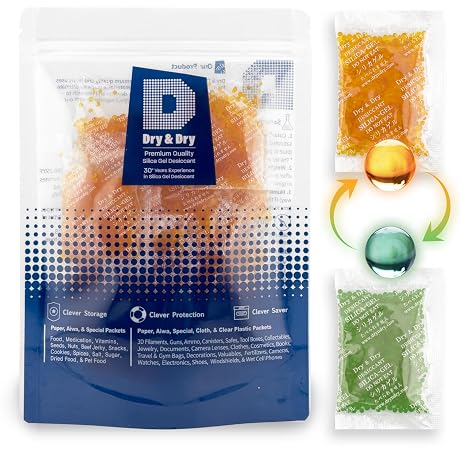 Dry & Dry 10 Gram [50 Packets] Orange Indicating Silica Gel Packets Desiccant Silica Gel Packs - Rechargeable Silica Packets, Silica Gel