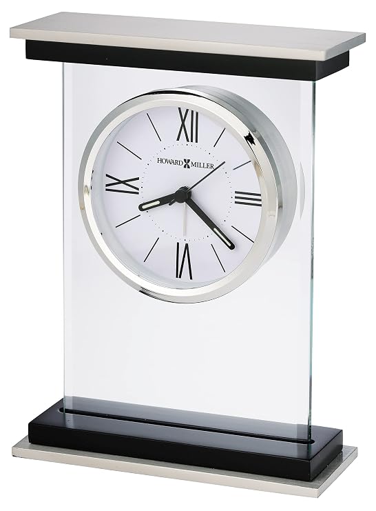 Howard Miller Bryant Tabletop Alarm Clock Modern Desk Clock with Silent Sweep Seconds Luminous Hands Roman Numeral Markers & Bracket Style Design Satin Finish for Home Office & Desktop Decor