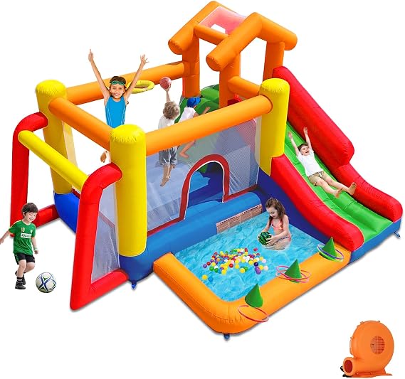 Baralir 7-in-1 Bounce House for Kids 310, Bouncy Castle with Long Slide, Kiddie Pool (Ball Pit), Soccer Goal, Climbing Wall, Basketball Hoop and Ring Toss Game - for Indoor or Backyard Fun