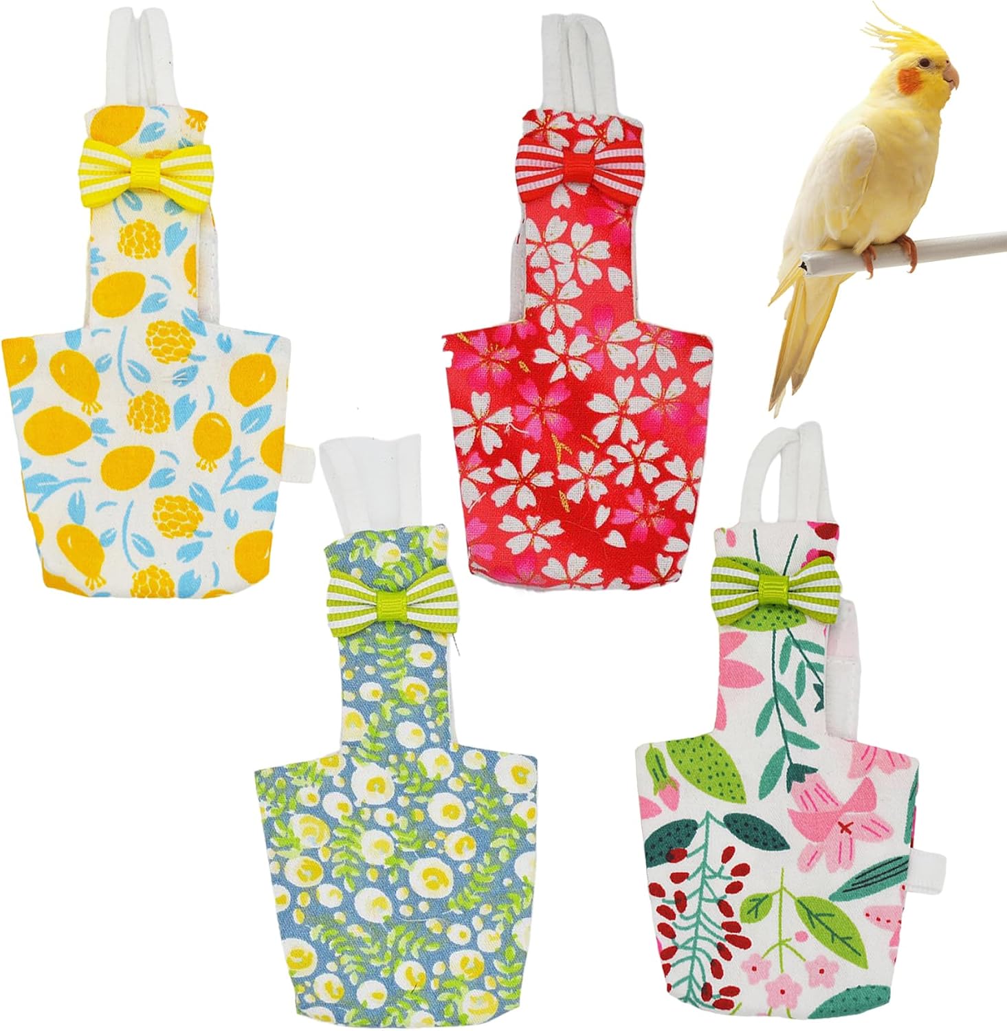 Bird Accessories, 4PCS Reusable Bird Diaper Flight Suit with Waterproof Inner Layer, Flying Clothes with Leash for Budgie Parakeet Cockatiel