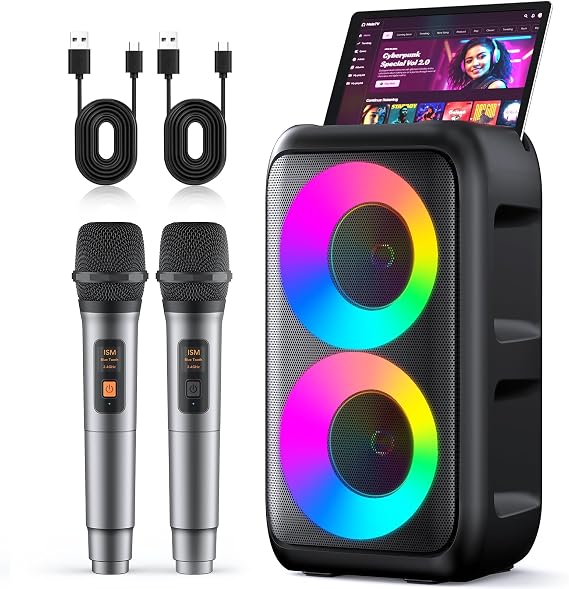 Karaoke Maschine Karaoke Anlage Mit 2 Mikrofonen Tragbare Karaoke Maschine Mit 2 Drahtlosen Mikrofone Bluetooth Lautsprecher Box Für Erwachsene/Kinder Mit Led Lichteffekte Black
