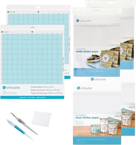 Silhouette Sticker Making Bundle Standard Cutting Mat, Hook Tool, Scraper, Pick-Me-Up, White & Clear Printable Sticker Paper DIY Craft Kit for Silhouette Cameo, Portrait, Curio