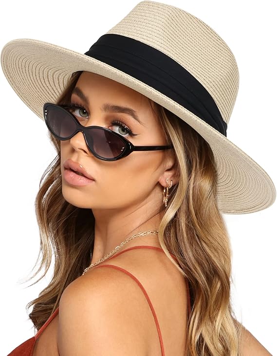 FURTALK Womens Mens Wide Brim Straw Panama Hat Fedora Summer Beach Sun Hat | Breathable Paper Straw, Classic Ribbon Trim, UPF Protection, Adjustable Band Inside, Chin Strap for Gusty Winds