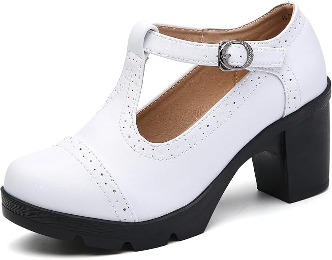 DADAWEN Women's Leather Classic T-Strap Platform Chunky Mid-Heel Mary Jane Square Toe Oxfords Dress Pump Shoes