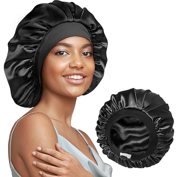 Umisleep 22 Momme Silk Lined Bonnet for Sleeping Women, Double Layer, Large | 100% Mulberry Silk for Long Curly Hair, Reduce Frizz, Soft Adjustable Band Hair Bonnet, Stay on All Night Sleep Cap, Black