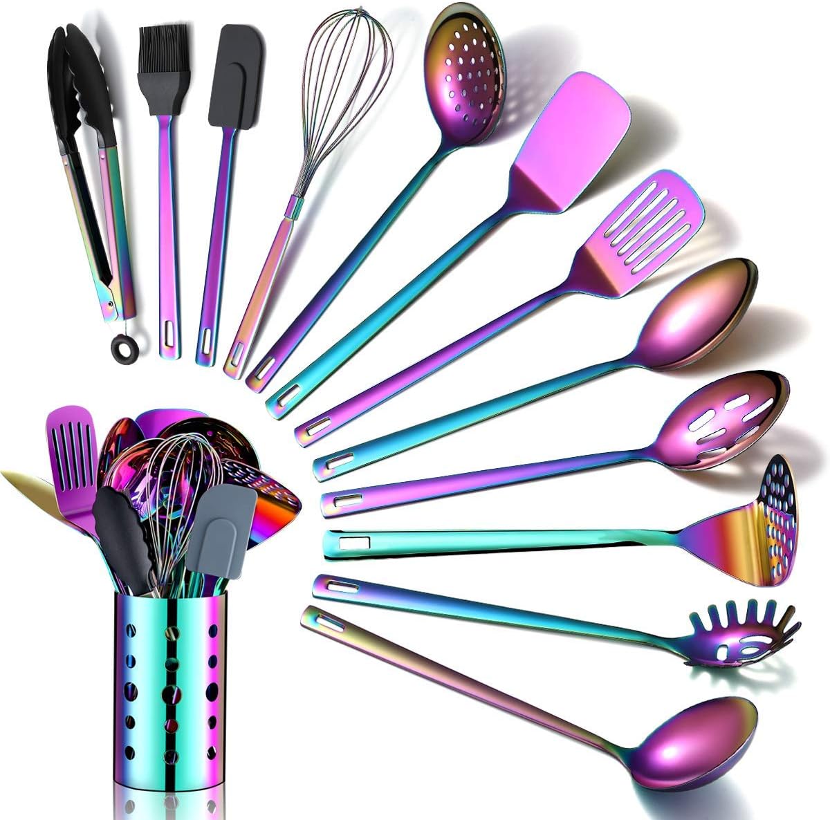 Rainbow Kitchen Utensils Set,13 Pieces Stainless Steel Cooking Utensils Set with Titanium Rainbow Plating,Kitchen Tools Set with Utensil Holder for Non-Stick Cookware Dishwasher Safe 13 Packs