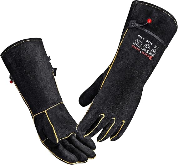 932F Heat Resistant Leather Welding Gloves for Men & Women 14 IN Black,S