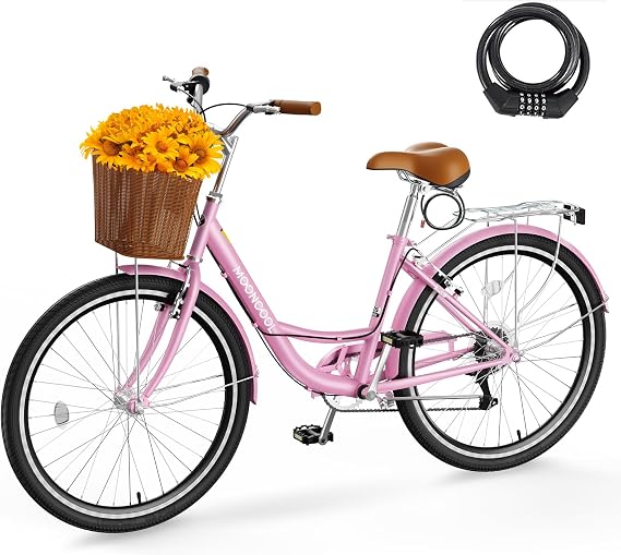 24/26 Womens Bike, 7 Speed Bicycle for Women with Basket & Lock, Beach Complete Cruiser Bike for Women, Commuter Bicycle Lightweight City Bikes