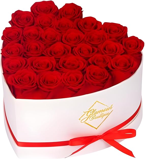 GLAMOUR BOUTIQUE Preserved Roses in a Box - Gifts for Her, Wife & Mom, Rose Flowers Forever Decor for Birthday Gift, Get Well Flower Bouquet Cased in White Box with Cover - Red - 27 (Color-Treated)
