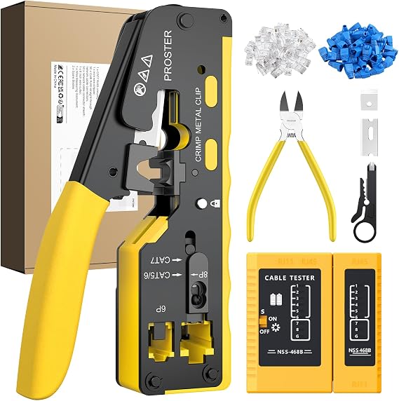 Proster RJ45 Crimp Tool Kit Cat7 Crimping Tool for 8P RJ45 CAT5 Cat6 | Pass Through Ethernet Crimping Tool for Cat5, Cat5e, Cat6, Cat6a, Cat7 RJ45 Connectors