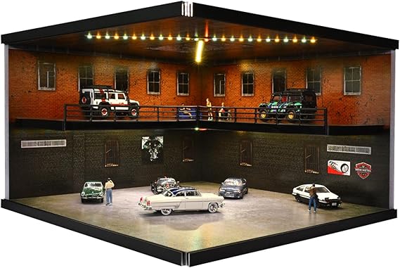 1:64 Diorama Garage Model, Tri-color LED Lighting Parking Lot Scene Display Case, Brightness Adjustable Big Showroom Model Cars Display Storage, 20 Parking Space, Building Model Garage(B)