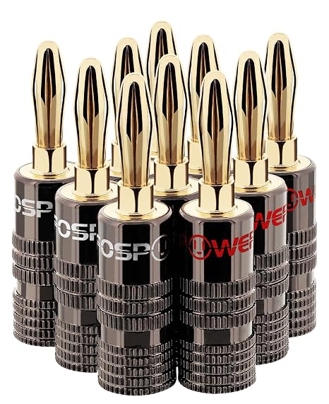 FosPower Banana Plugs (5 Pairs/10 Pcs), 24K Gold Plated Speaker Connectors | Closed screw 24K gold-plated banana plugs (5 pairs / 10 pcs) for speaker wire, receivers & home theater sound systems.