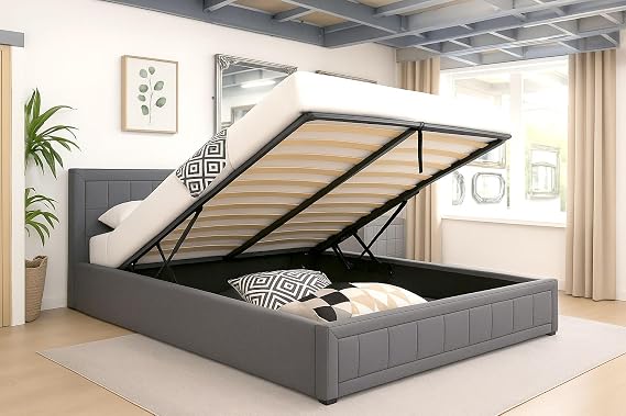 Modernique Grey Fabric Ottoman Storage Double (4ft6) Bed with Underneath Storage, Wooden Sprung Slatted Base (Double)