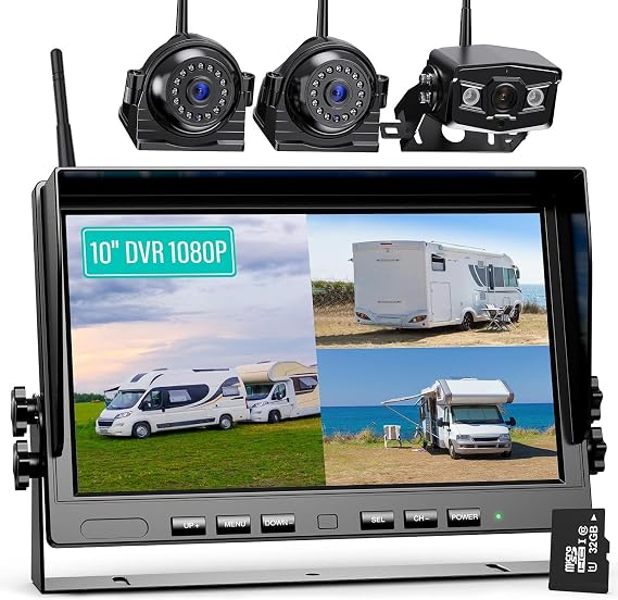 eRapta 10" HD 1080P Wireless Reversing Camera Kit for Truck Trailer | Digital Back Up Camera System with 10 Inch Quad Split Loop Recording Monitor, IP69K Waterproof Reversing Cameras for RV