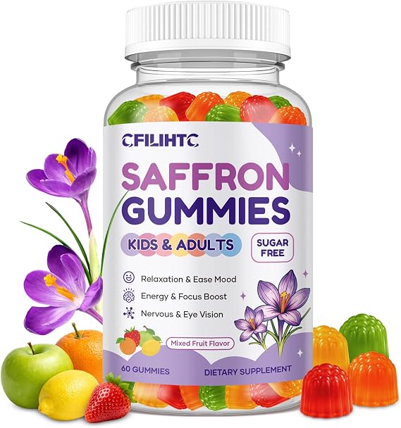 Saffron Gummies for Kids & Adults, 20-in-1 Saffron Supplements with 88.5mg Saffron Extract, B6, B12, C, D3, Magnesium for Calm, Focus, Nerve, Sugar Free, Vegan, Non-GMO - Mixed Fruit Flavor, 60 Counts