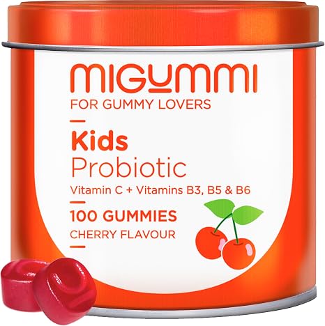 Probiotic Gummies Children - 100 Gummies with Natural Cherry Flavour Probiotics Vitamin C B3 B5 and B6 - Intestinal Flora Bloating and Bloating - Vitamins Children - Vegan - Gluten Free