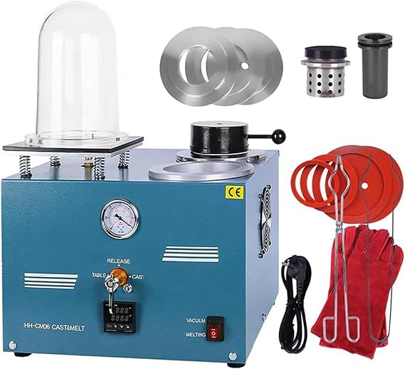 2L Vacuum Casting Machine with 3 CFM Pump & Bell Jar, High-Temperature Refining for Lost-Wax Casting Gold Silver Copper Crafts