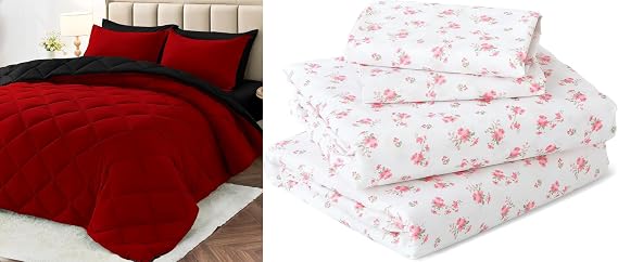MUXHOMO Queen Size 4 Piece Sheet Set Blossoms Pink Cooling, Wrinkle-Free & 7 Pieces Queen Comforter Set, Reversible Bed in a Bag Queen Size, All Season Bedding Set with Comforter