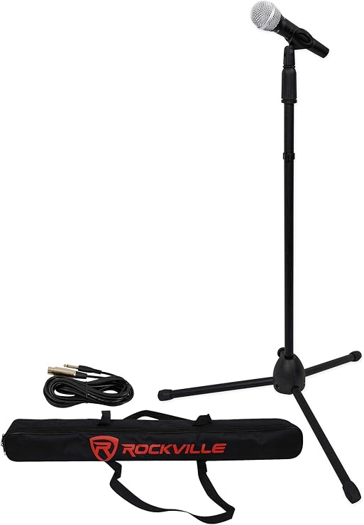 Rockville Wired Pro MIc Kit 1 - High-End Metal Microphone+Mic Stand+Carry Bag+Cable, Black | M-56 Neodymium Dynamic Mic, XLR to 1/4" OFC Cable, Adjustable 31.5"-59" Stand, Padded Canvas Carry Bag