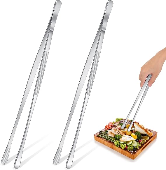 2 Pieces 12 Inch Tweezer Tongs Extra-long Kitchen Stainless Steel Cooking Tweezers with Round Tip Cooking Tongs for Grill, BBQ, Pasta