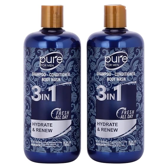 3-in-1 Men's Shower Gel, Shampoo and Face Wash - Paraben & Sulfate Free, Keeps You Fresh All Day! 2 Pack.