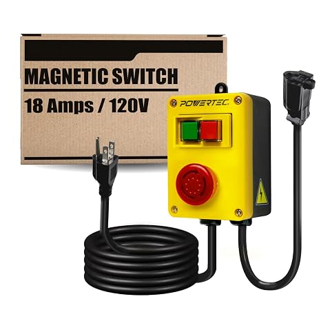 POWERTEC 120V, 18A Magnetic Switch w/ 5.5 Ft Power Cord for Router Table, EZ Mounting on Work Bench, Power Tool Safety Switch w/Emergency Stop Button for Table Saw, Drill Press 1 PK (71970)
