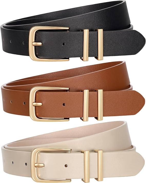 3 Pack Women's Belts for Jeans Pants Fashion Gold Buckle Ladies Dress Belt