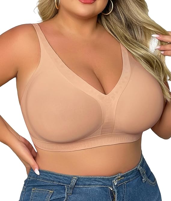 SHAPERX Women's Deep V Everyday Bras Wireless Comfort No Underwire Bralettes Soft Push Up Bra Regular and Plus Size