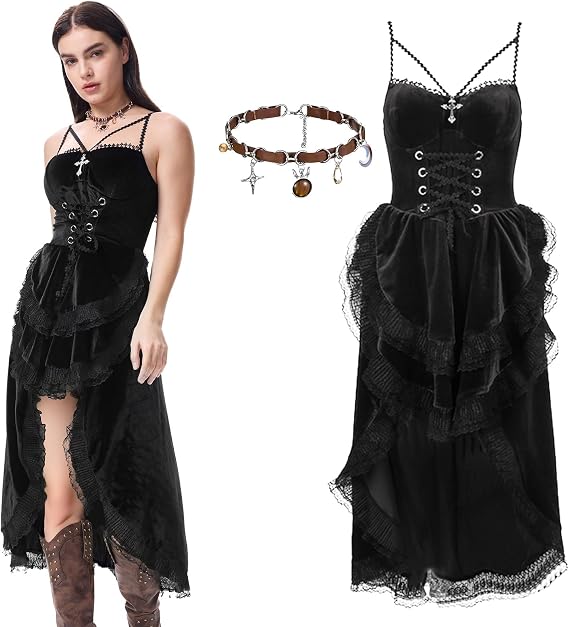 Black Halloween Dress for Women, Gothic Lolita Velvet Corset High-Low