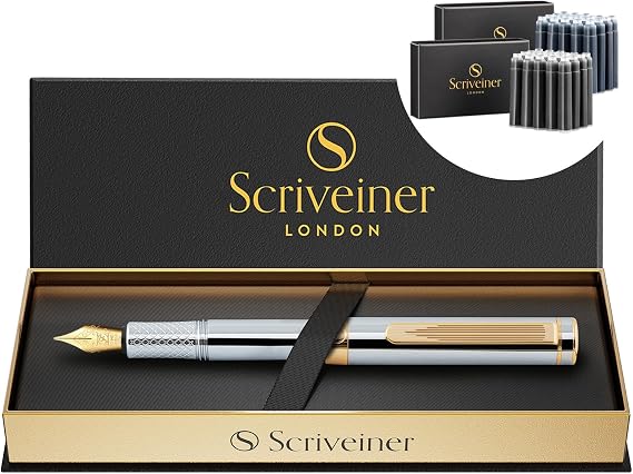 Scriveiner Silver Chrome Fountain Pen (Fine), Award Winning Luxury Heavy Pocket Pen With Real Gold Plating, Bundle with Fountain Pen Ink Cartridges - Black & Blue - 20 Standard International each