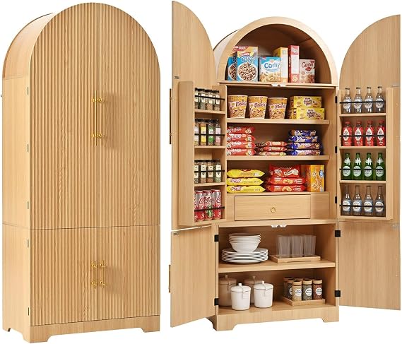 72" Arched Pantry Cabinet Fluted Farmhouse Kitchen Storage with 8 Door Shelves, 3 Adjustable Shelves & 1 Hidden Drawer, Versatile for Kitchen, Dining Room, Living Room, Natural