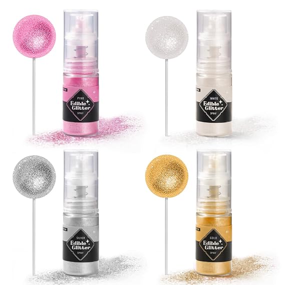 Edible Glitter Spray 4 Colors Edible Spray Glitter Food Grade Metallic Shimmer Powder Gold Silver White Pink Cake Sprinkles for Cupcake Cookie Decorating Chocolate Strawberry, 5g/Bottle