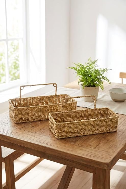 BUFFER® 2'li Duvar Askılı Plastik Rattan Organizer Sepeti, Dikdörtgen Hasır Görünümlü Banyo ve Mutfak Raf Düzenleyici, 28x10x7 cm ve 31x12x7 cm