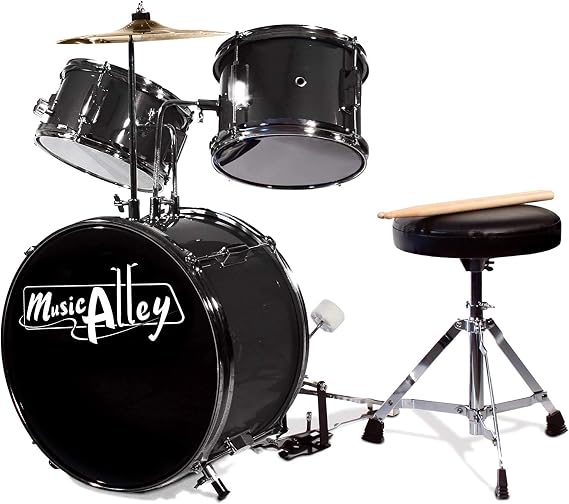 Music Alley 3 Piece Kids Drum Set with Throne, Cymbal & Sticks, Black | Junior drum set for kids with bass drum, snare, tom, cymbal, pedal, throne and sticks for young beginners