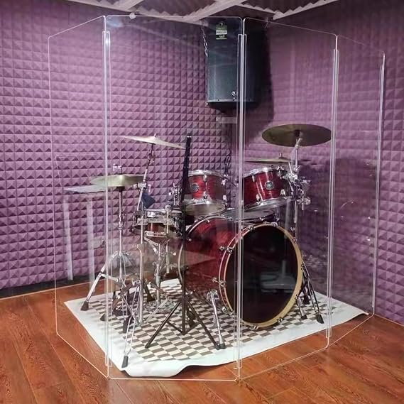 Drum Set Shield Acoustic Panels, 4 5 6 8 Panel Drum Shields Screen Cage with Base & Full Length Flexible Hinges, Portable Acrylic Drum Sound Barrier for Church/Concert Venue/Bars/Recording Studio(Clea