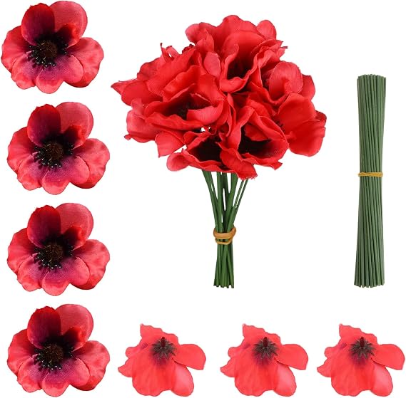 60Pcs Poppies Artificial Flowers, Silk Poppy Artificial Flower | Faux Red Poppies Fake Wildflowers with Branch for Veterans Remembrance Memorial Day Decoration Grave Garden Home Decor