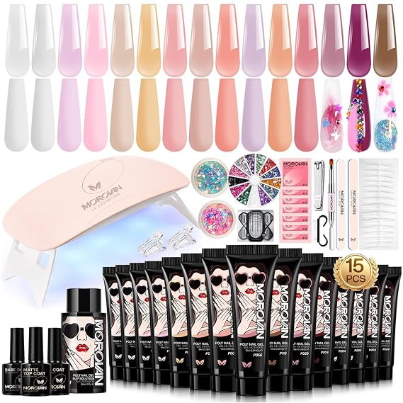 Poly Gel Nail Kit for Beginners: 15 Colors Gel Extension Nail Kit with U V Light for Starters with Everything DIY Nail Art Design at Home Christmas Gift for Women Girls