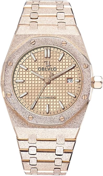 OBLVLO Automatic Watch, Black Grid Dial, Date Display, Stainless Steel Band