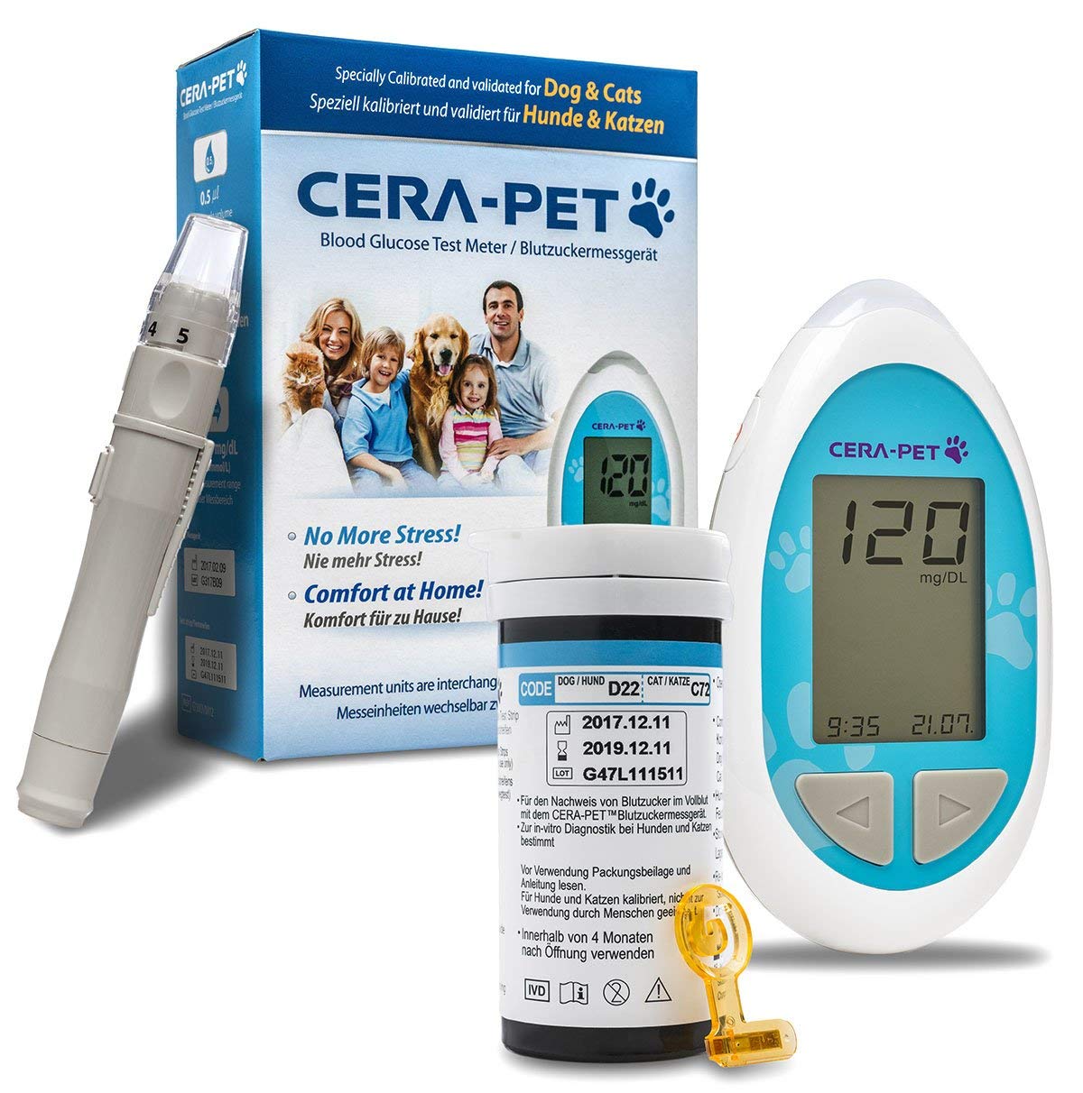 Pet Blood Glucose Monitoring Kit for Cats & Dogs, Starter Pack, Meter, 25 Strips & Lancets, Lancing Device, Case, Switchable mgdL or mmolL, Pet, Vet Diabetic Supplies
