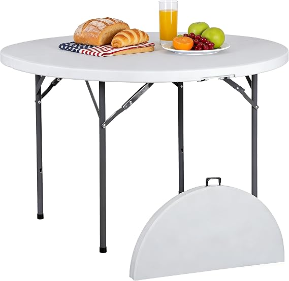 JupiterForce 4 FT Round Folding Table, 48" Indoor Outdoor Portable Plastic Dining Card Table for Kitchen, Commercial, Camping Picnic Party Wedding Event, White