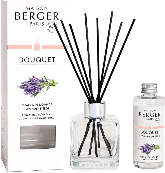 MAISON BERGER Reed Diffuser Bouquet, 100 ml, Lavender Fields | Clear Glass Bottle, 8 Reed Sticks, 100 ml Refill, Up to 6-Week Passive Diffusion, No Flame, Made in France