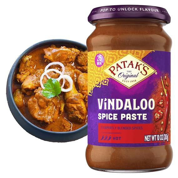 Patak's Vindaloo Spice Paste, Hot Indian Curry with 11 Expertly Blended Spices, Gluten-Free & Vegan, Flavorful Base for Chicken, Seafood, Vegetables & More, 10 oz Jar