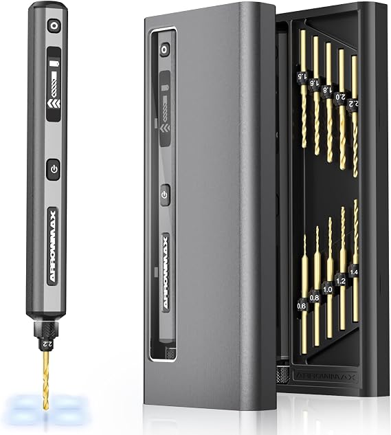 AM ARROWMAX Mini Drill Pen, 5-Speed, LED Lights, OLED Display, Aluminium Box, Resin Drill Set With 10 Small Bits, 3/32-Inch Shank, For Jewelry Making, Wood, Plastic,(SDS)